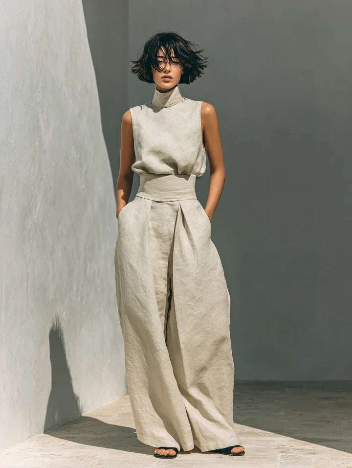 Verónica | Conjunto minimalista de blusa sin mangas y pantalón de pernera ancha en algodón y lino para mujer