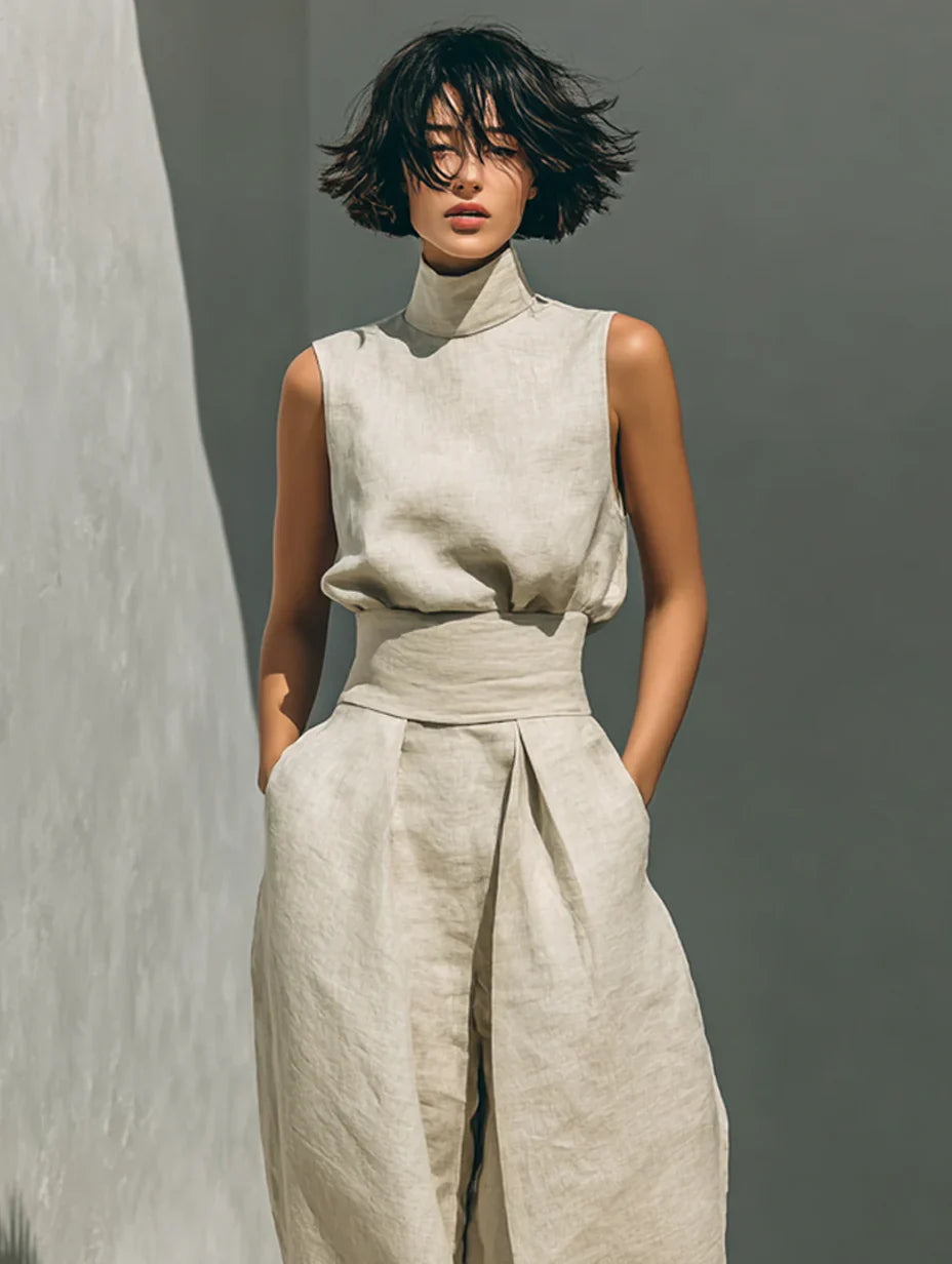 Verónica | Conjunto minimalista de blusa sin mangas y pantalón de pernera ancha en algodón y lino para mujer