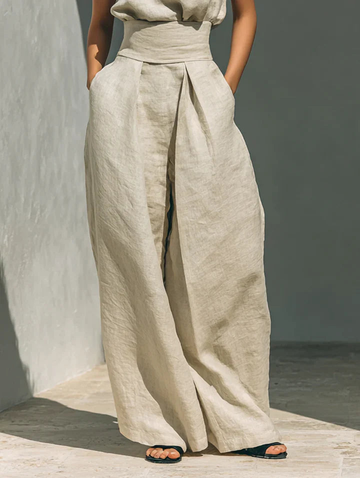 Verónica | Conjunto minimalista de blusa sin mangas y pantalón de pernera ancha en algodón y lino para mujer