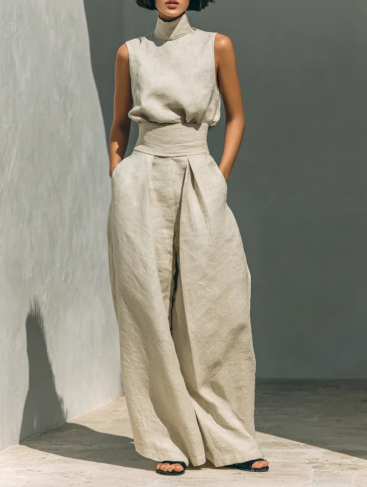 Verónica | Conjunto minimalista de blusa sin mangas y pantalón de pernera ancha en algodón y lino para mujer
