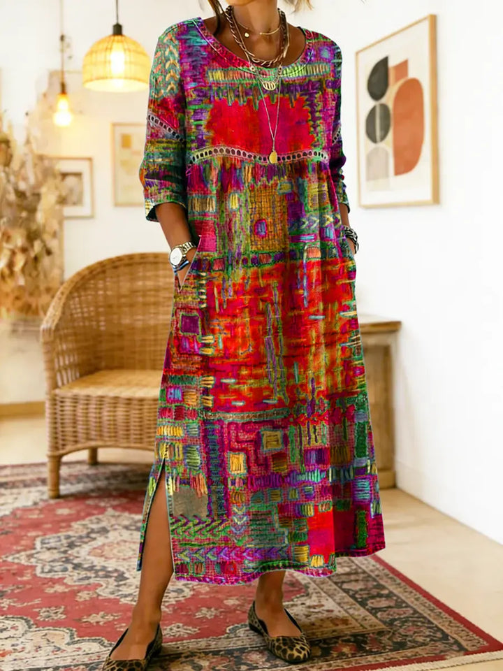Cristina | Vestido Denim con Patchwork Étnico