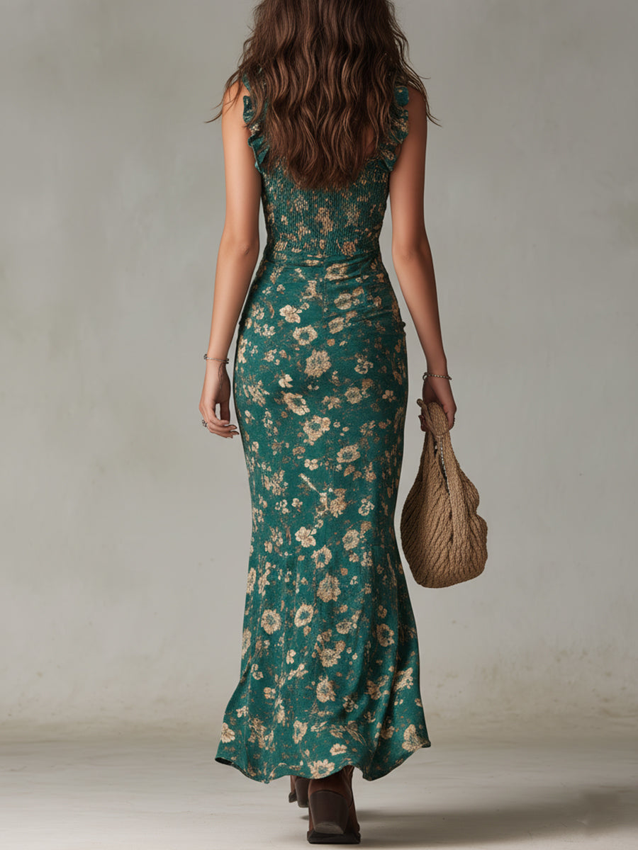 Selena | Vestido largo de estilo boho retro con mangas fruncidas y abertura alta