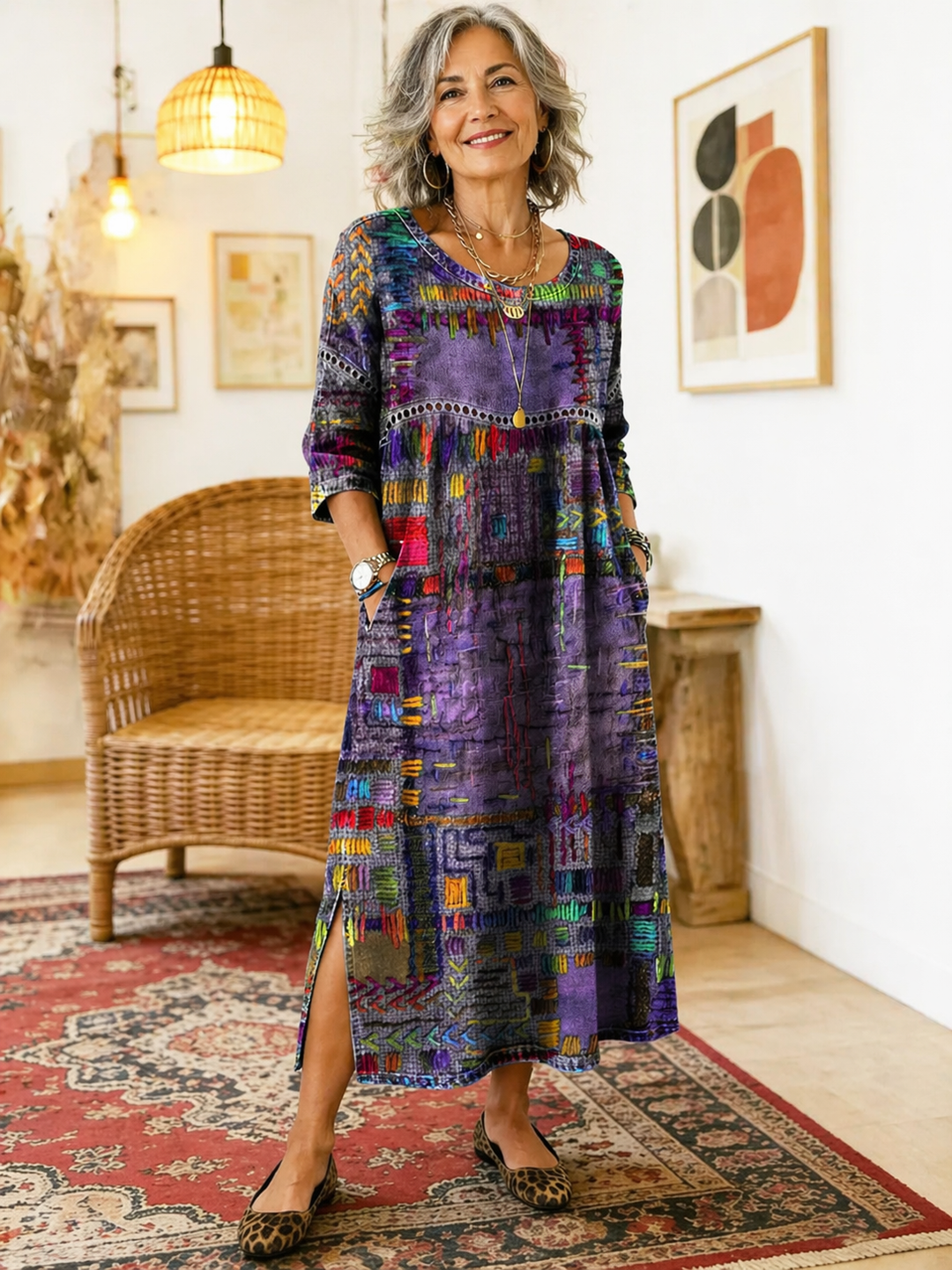 Cristina | Vestido Denim con Patchwork Étnico