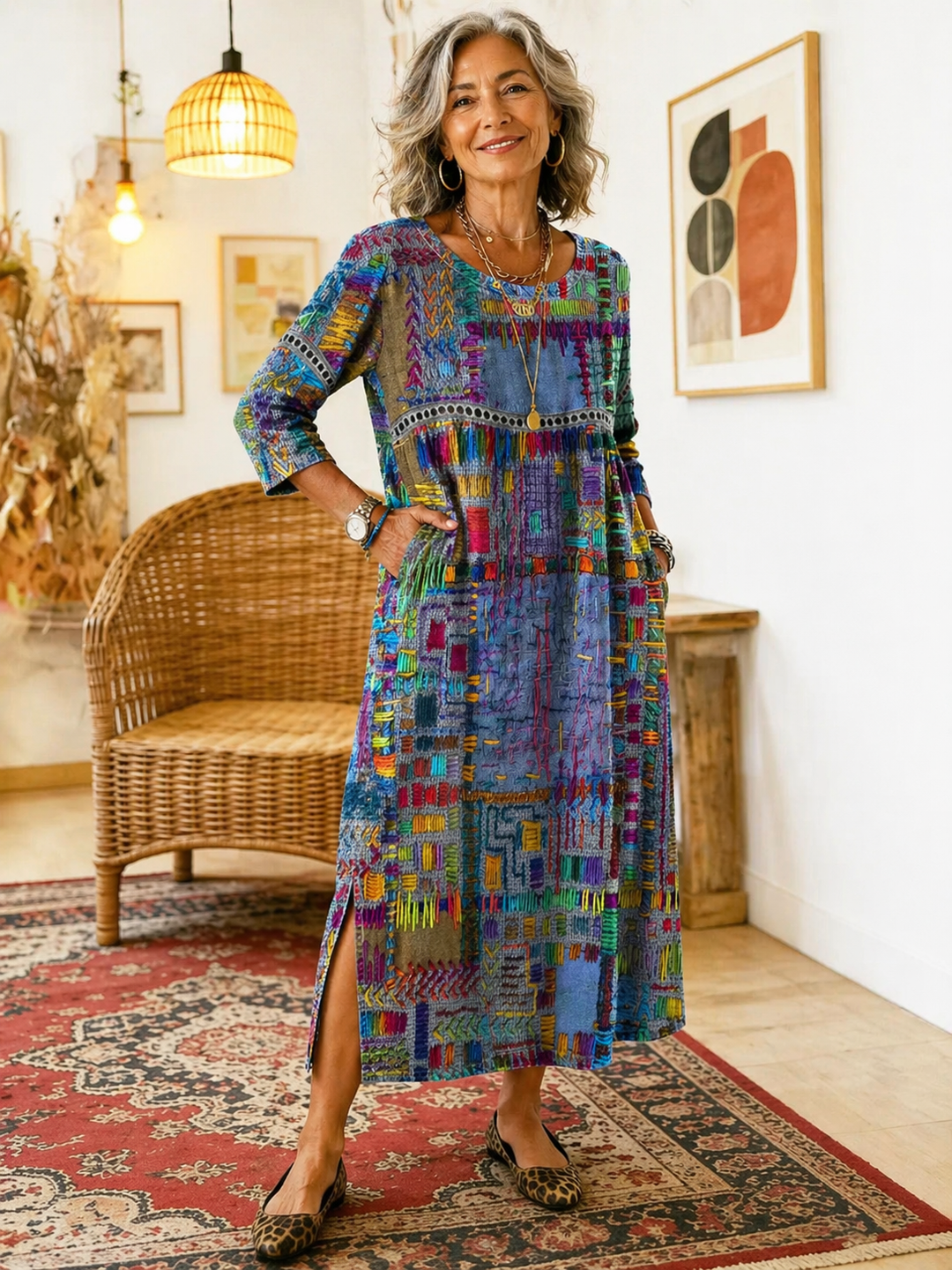 Cristina | Vestido Denim con Patchwork Étnico