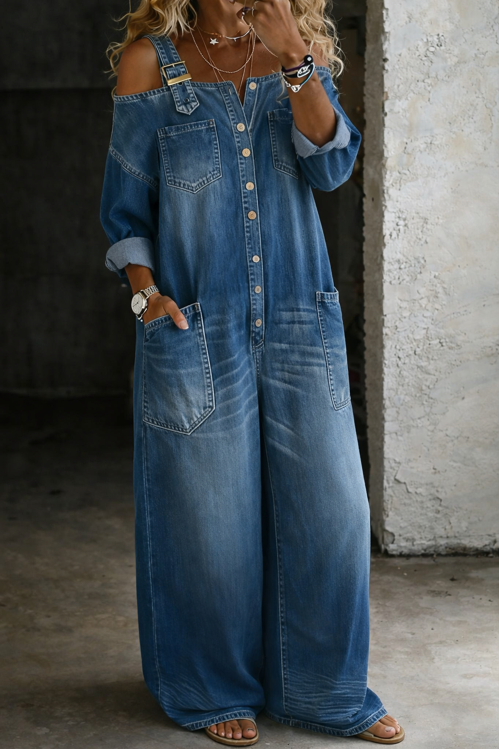 Ela | Mono Denim con Hombros Descubiertos