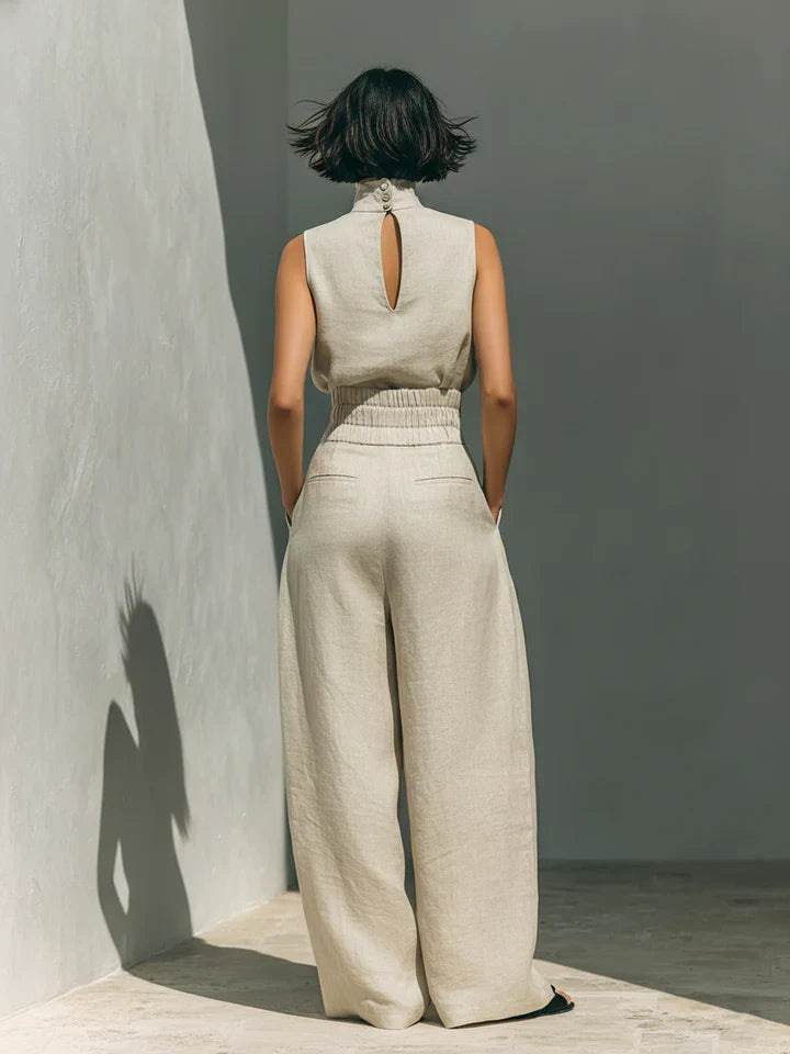 Verónica | Conjunto minimalista de blusa sin mangas y pantalón de pernera ancha en algodón y lino para mujer