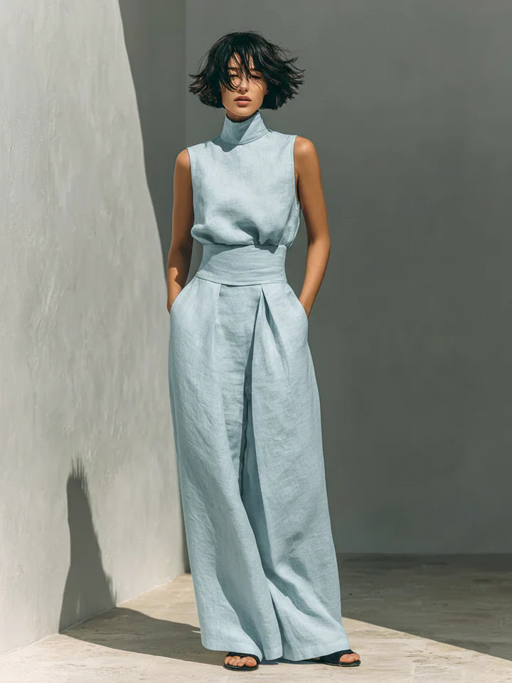 Verónica | Conjunto minimalista de blusa sin mangas y pantalón de pernera ancha en algodón y lino para mujer
