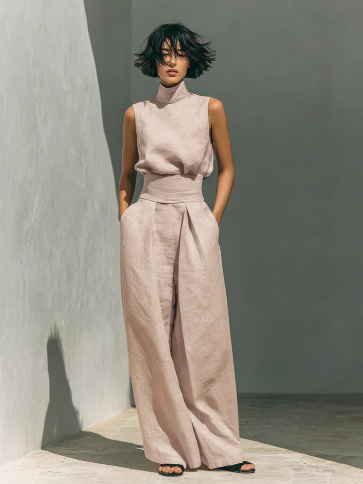 Verónica | Conjunto minimalista de blusa sin mangas y pantalón de pernera ancha en algodón y lino para mujer