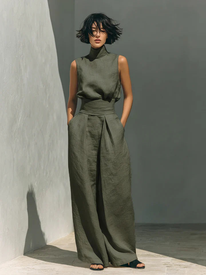 Verónica | Conjunto minimalista de blusa sin mangas y pantalón de pernera ancha en algodón y lino para mujer