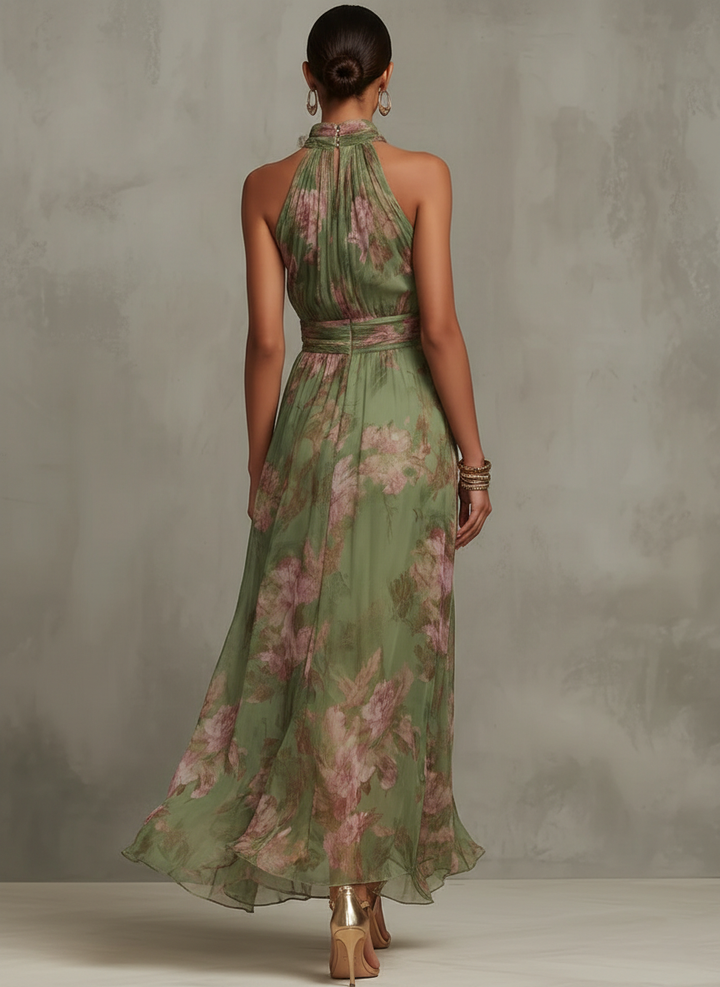Noelia | Vestido largo verde con estampado floral y cuello halter