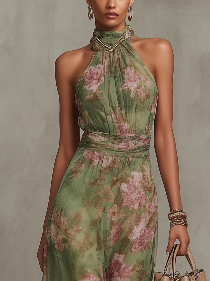 Noelia | Vestido largo verde con estampado floral y cuello halter