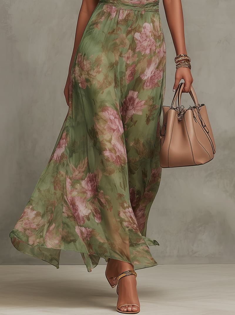 Noelia | Vestido largo verde con estampado floral y cuello halter