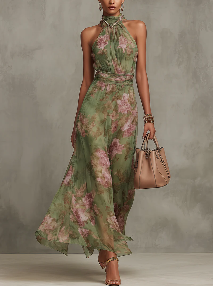 Noelia | Vestido largo verde con estampado floral y cuello halter