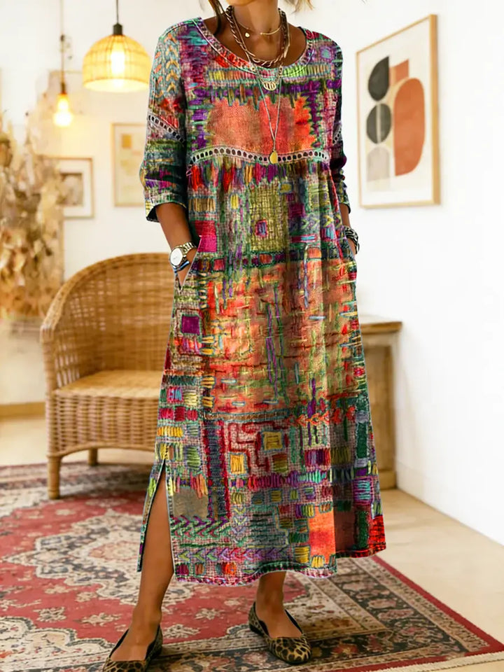 Cristina | Vestido Denim con Patchwork Étnico