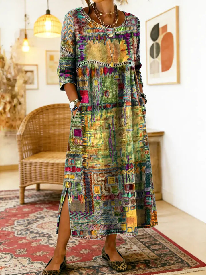 Cristina | Vestido Denim con Patchwork Étnico