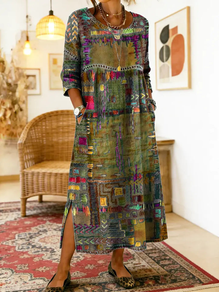 Cristina | Vestido Denim con Patchwork Étnico