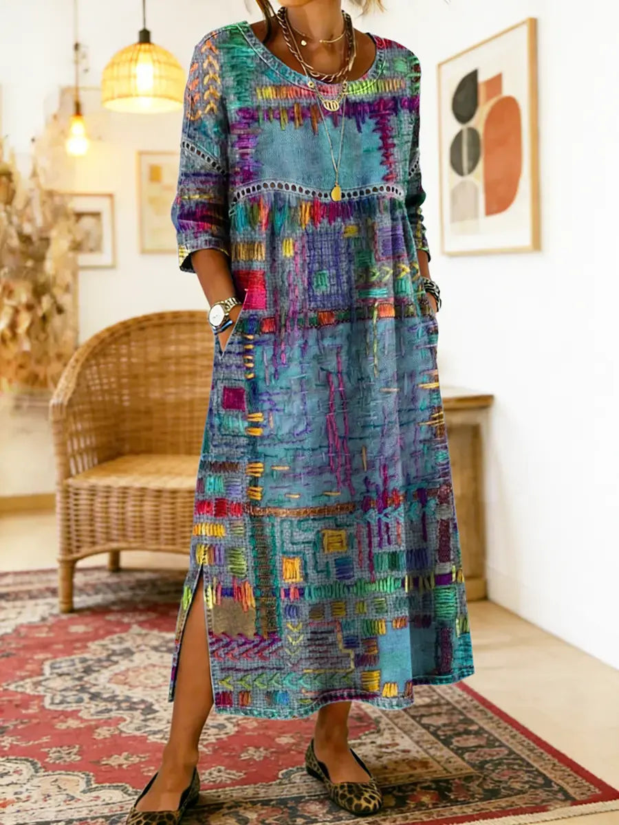 Cristina | Vestido Denim con Patchwork Étnico