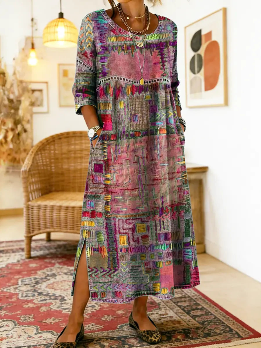 Cristina | Vestido Denim con Patchwork Étnico