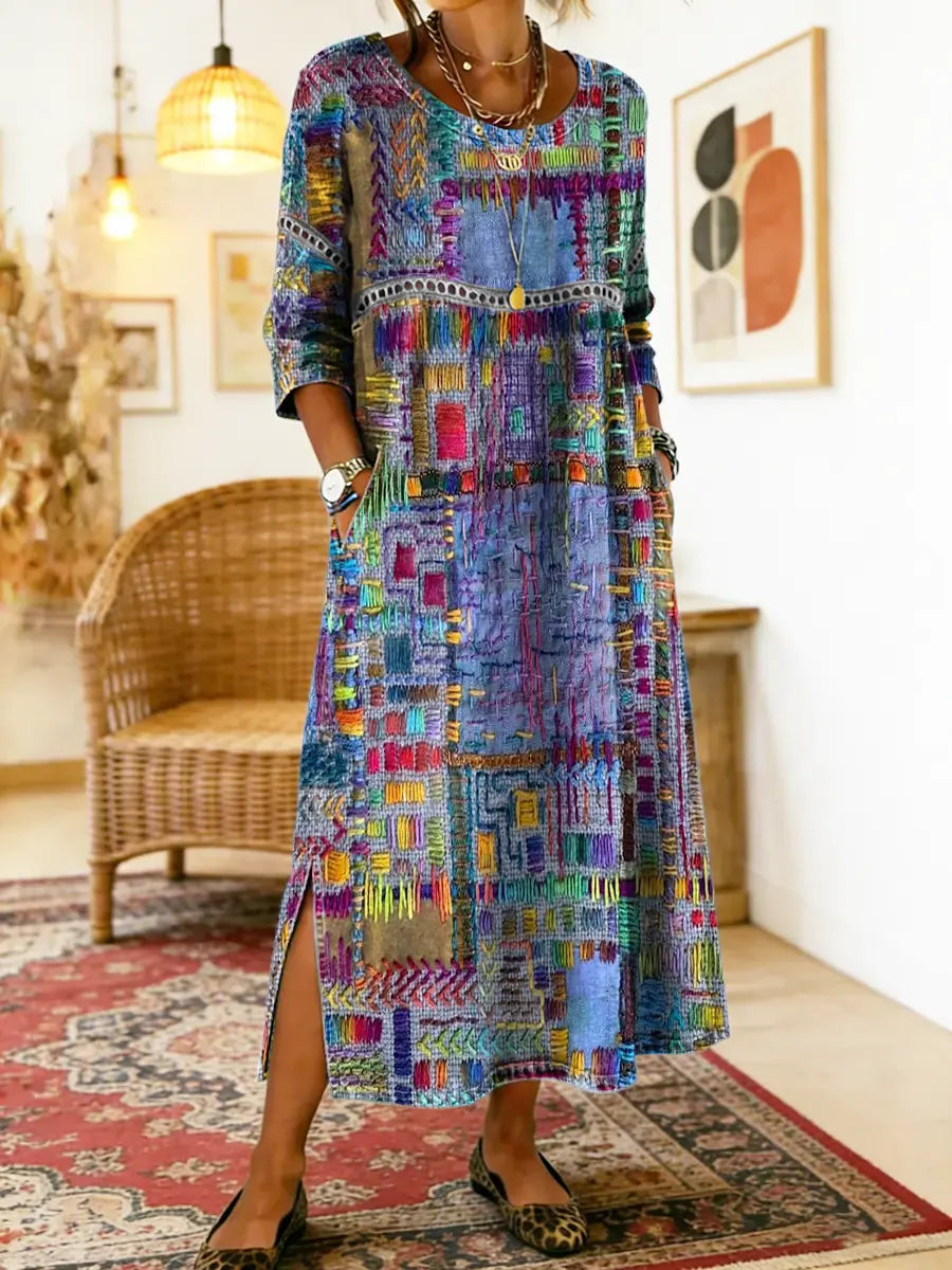 Cristina | Vestido Denim con Patchwork Étnico