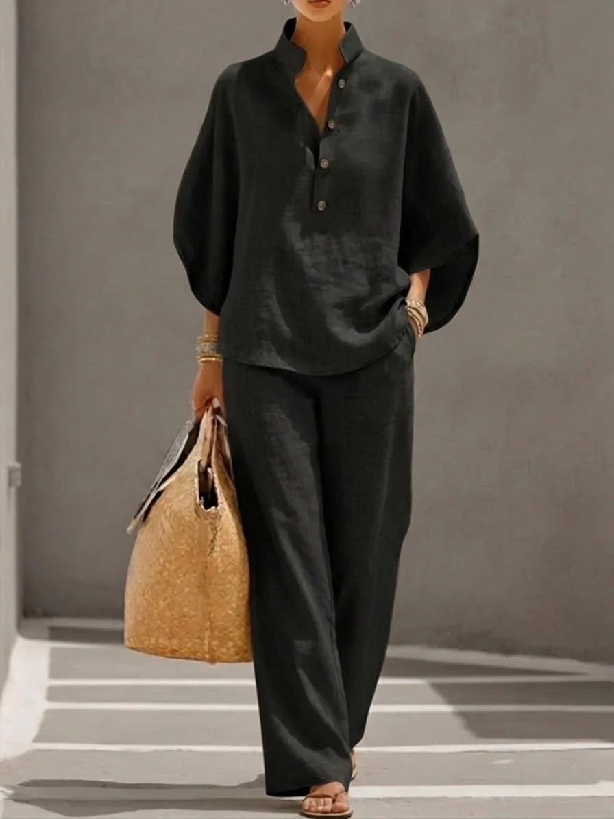 Ana | Conjunto de lino con mangas murciélago y pantalón ancho