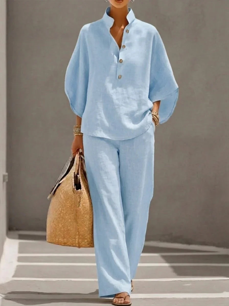 Ana | Conjunto de lino con mangas murciélago y pantalón ancho