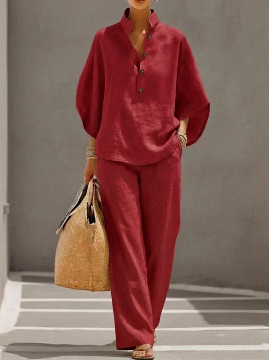 Ana | Conjunto de lino con mangas murciélago y pantalón ancho