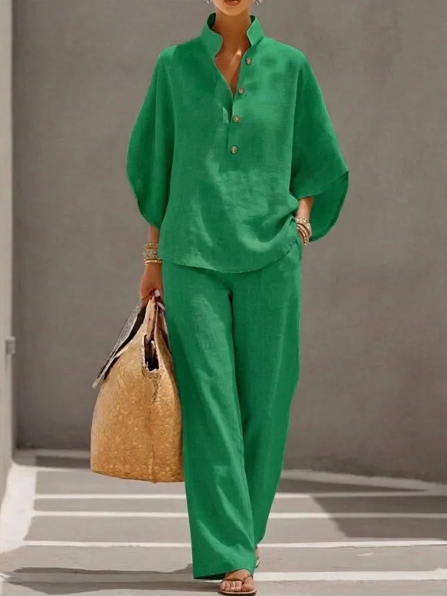 Ana | Conjunto de lino con mangas murciélago y pantalón ancho